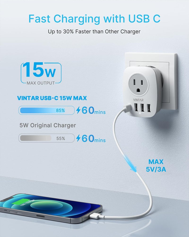 VINTAR محول سفر أوروبي 2 حزمة، محول طاقة دولي VINTAR مع 1 USB C، 2 مخرج أمريكي و 3 منافذ USB، 6 في 1 أساسيات السفر لمعظم أوروبا اليونان، إيطاليا (النوع C) - Image 3